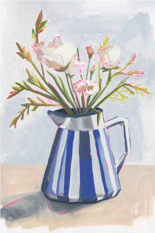 Canvas Fresh Flowers in a Striped Vase (100x150 cm) av Lucrecia Caporale