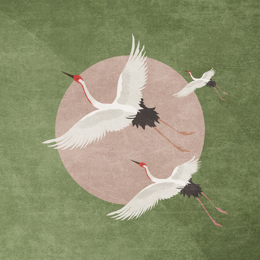 Tavla XL Cranes on Forest Green (85x85 cm) av Emel Tunaboylu